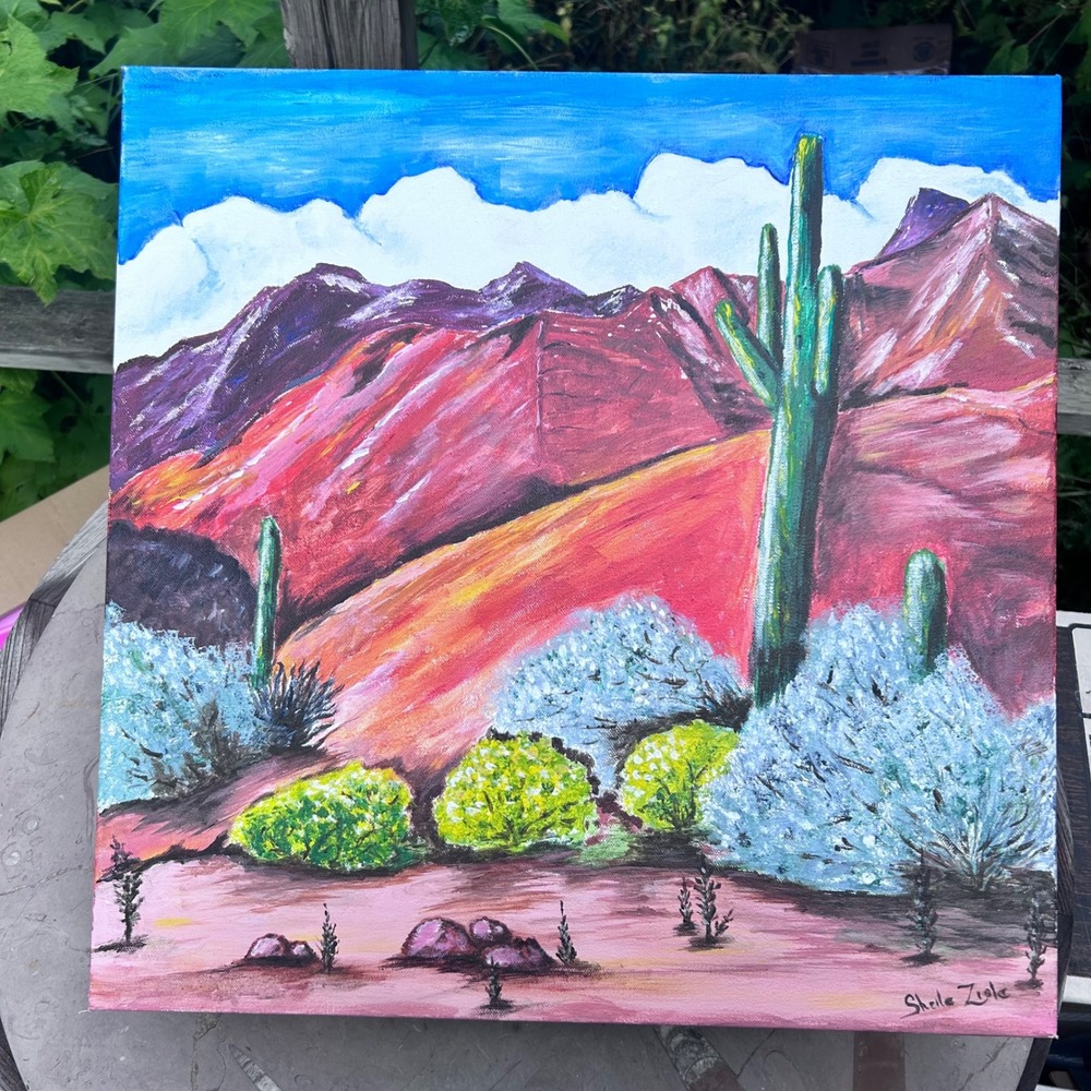 Desert Landscape Acrylic Painting 20x20 Multicolor Saguaro Sheila Ziale Art